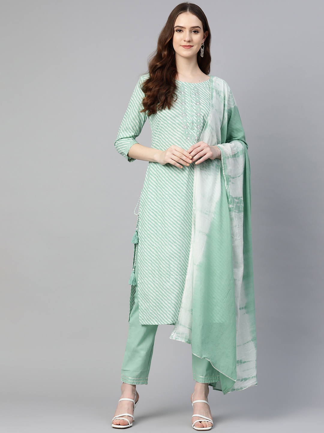 

Readiprint Fashions Women Green Leheriya Embroidered Kurta with Trousers & With Dupatta