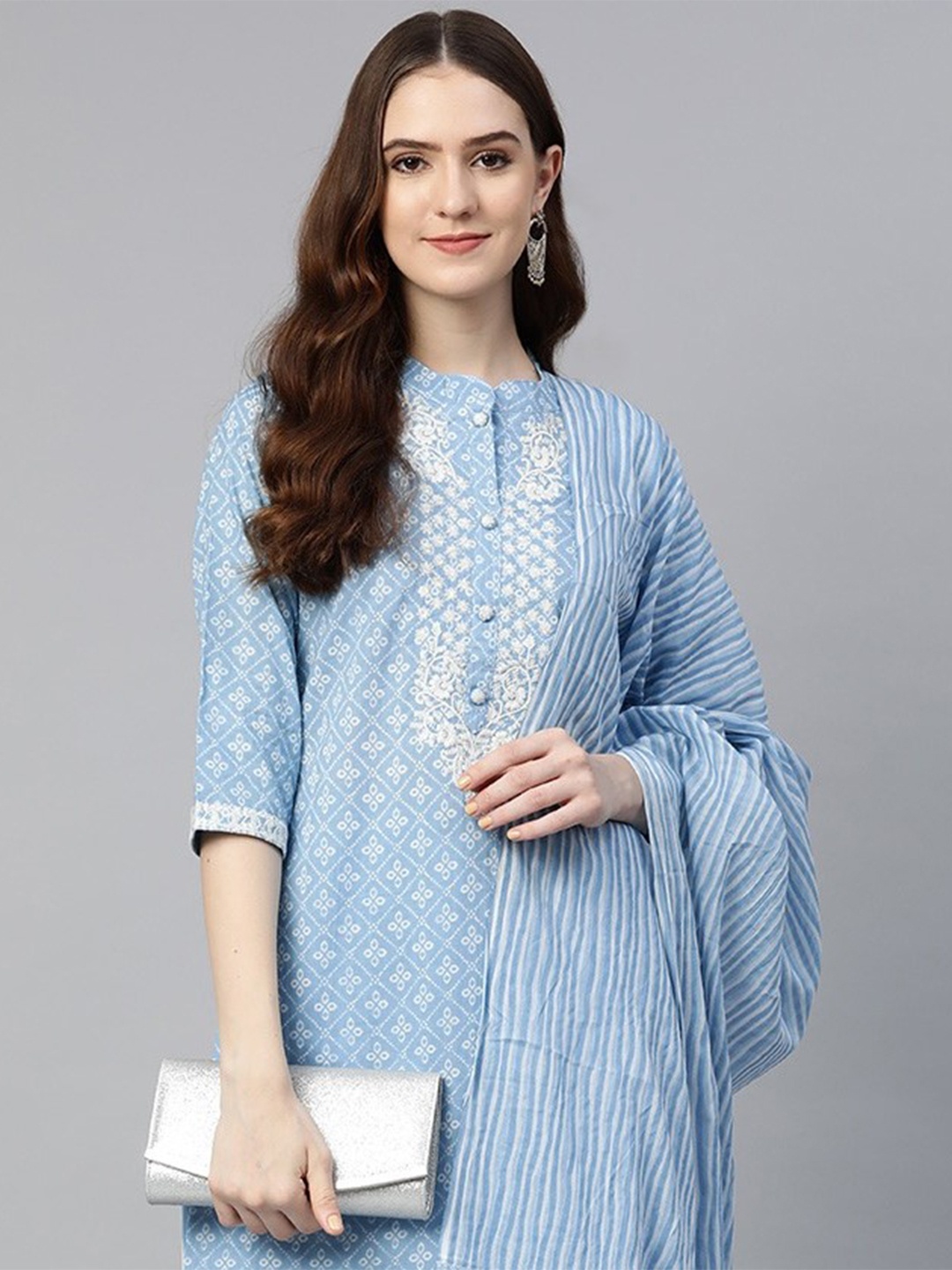 

Readiprint Women Blue Ethnic Motif Embroidered Kurta with Trousers & With Dupatta