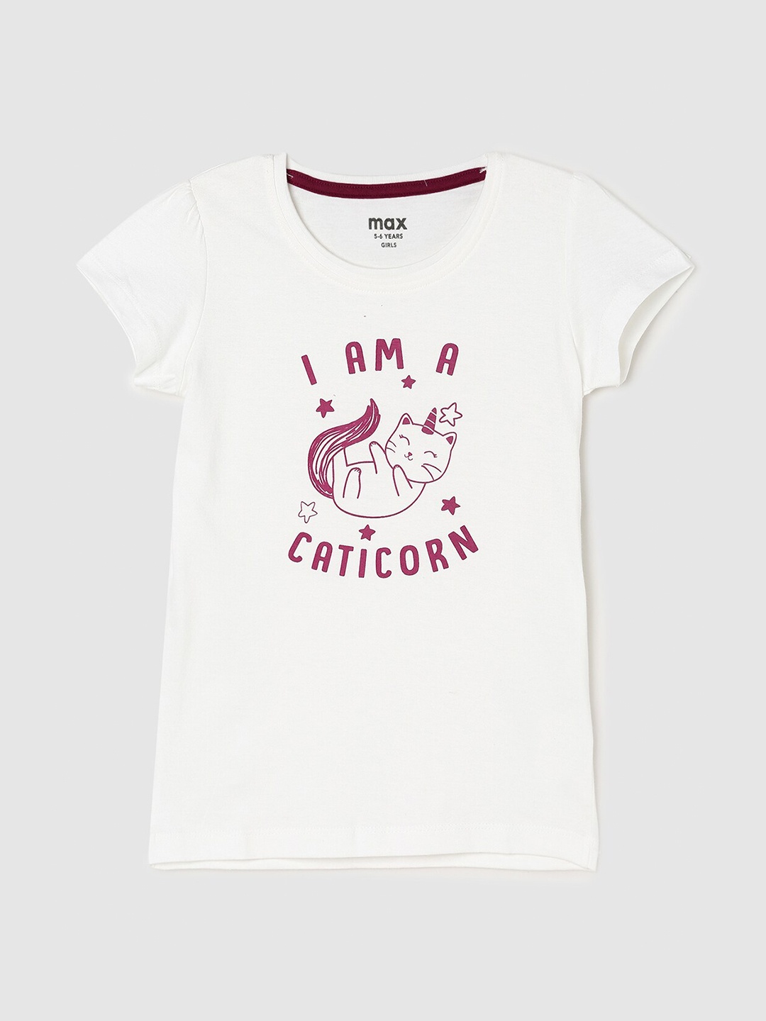 max Girls Cream-Coloured Printed Cotton T-shirt