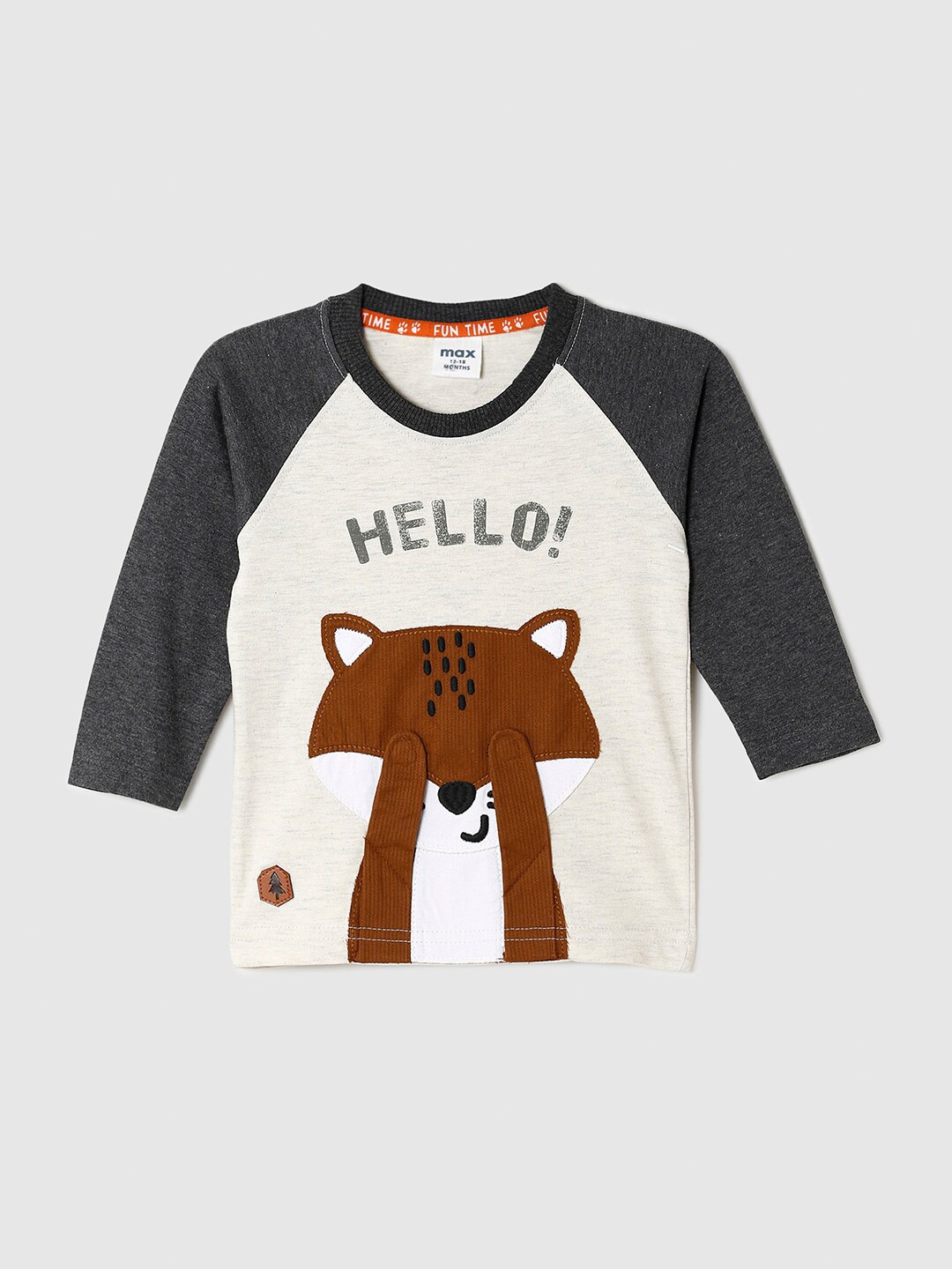 

max Boys Cream-Coloured & Grey Applique Cotton T-shirt