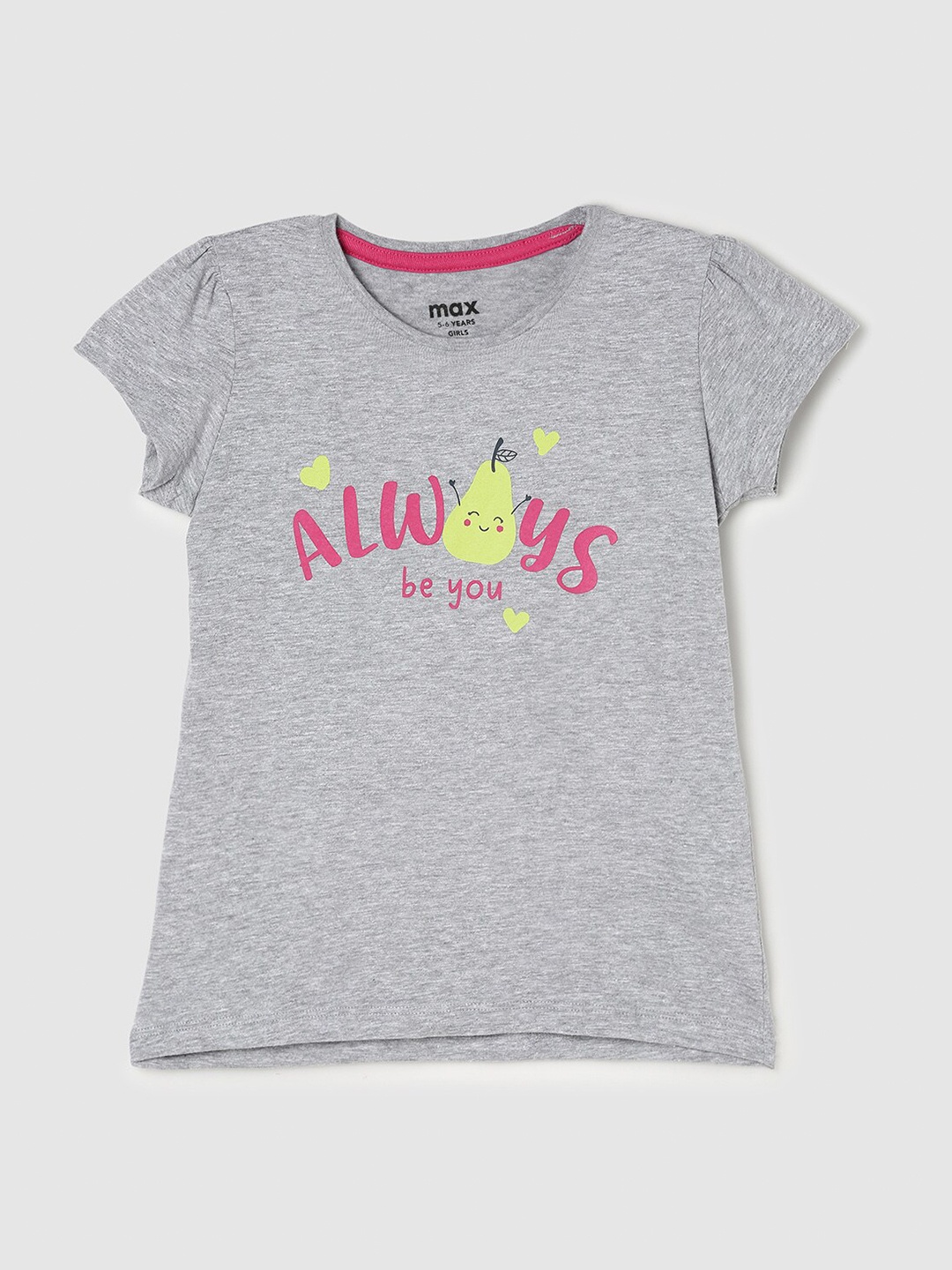 

max Girls Grey Typography Printed Cotton T-shirt