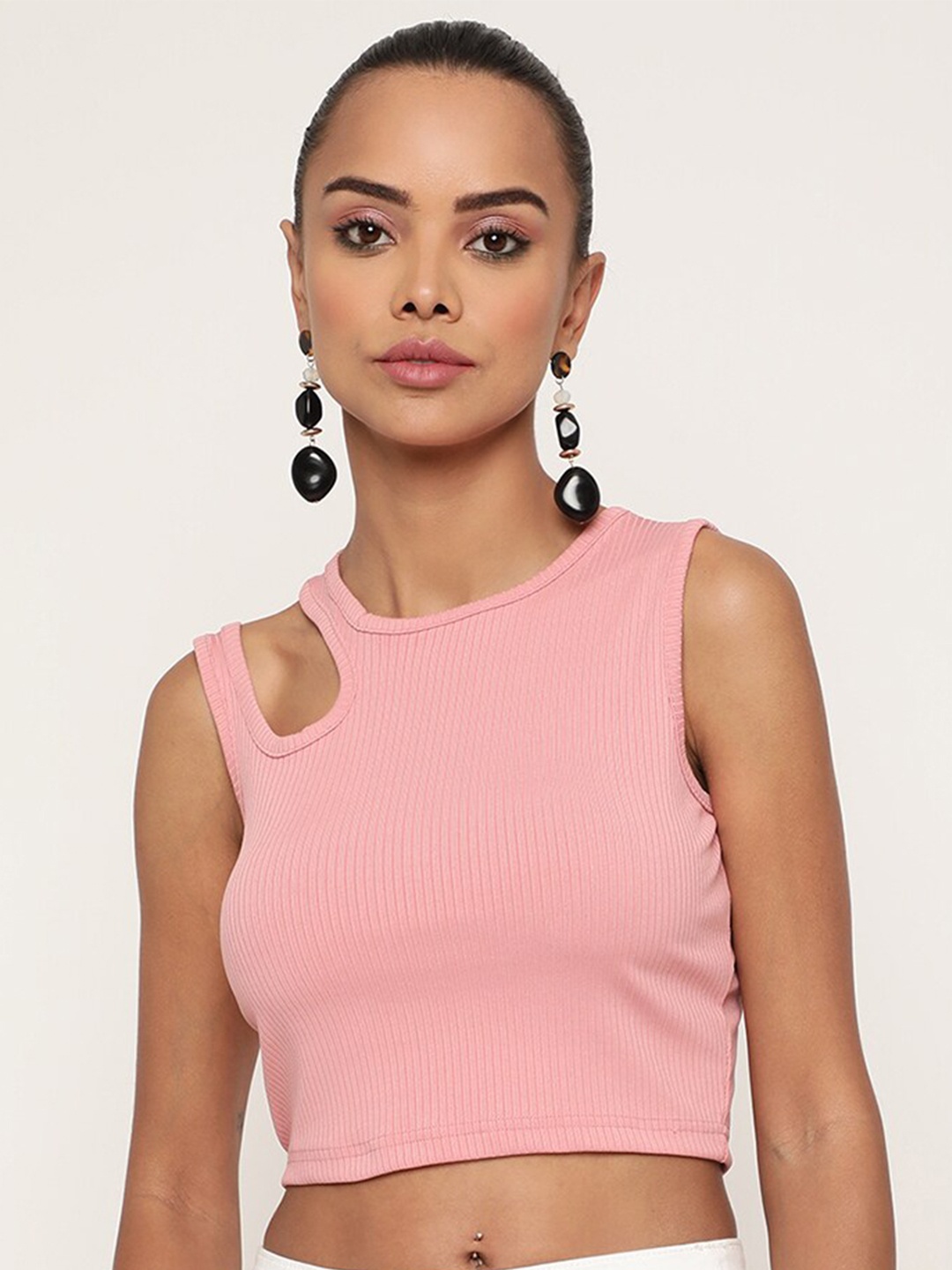 

Sugathari Women Peach-Coloured Ribbed Crop Top