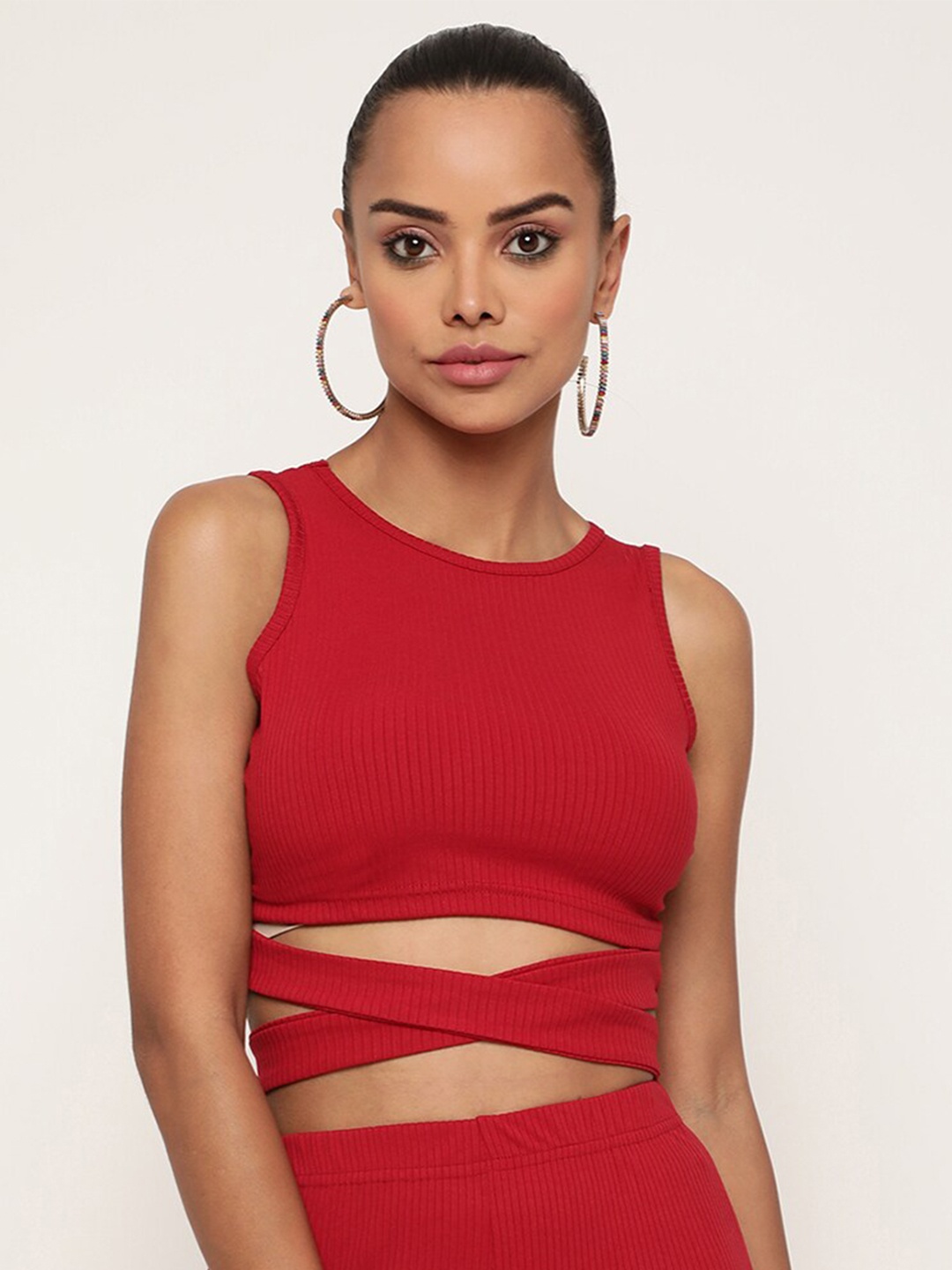 

Sugathari Women Maroon Ribbed Tank Crop Top