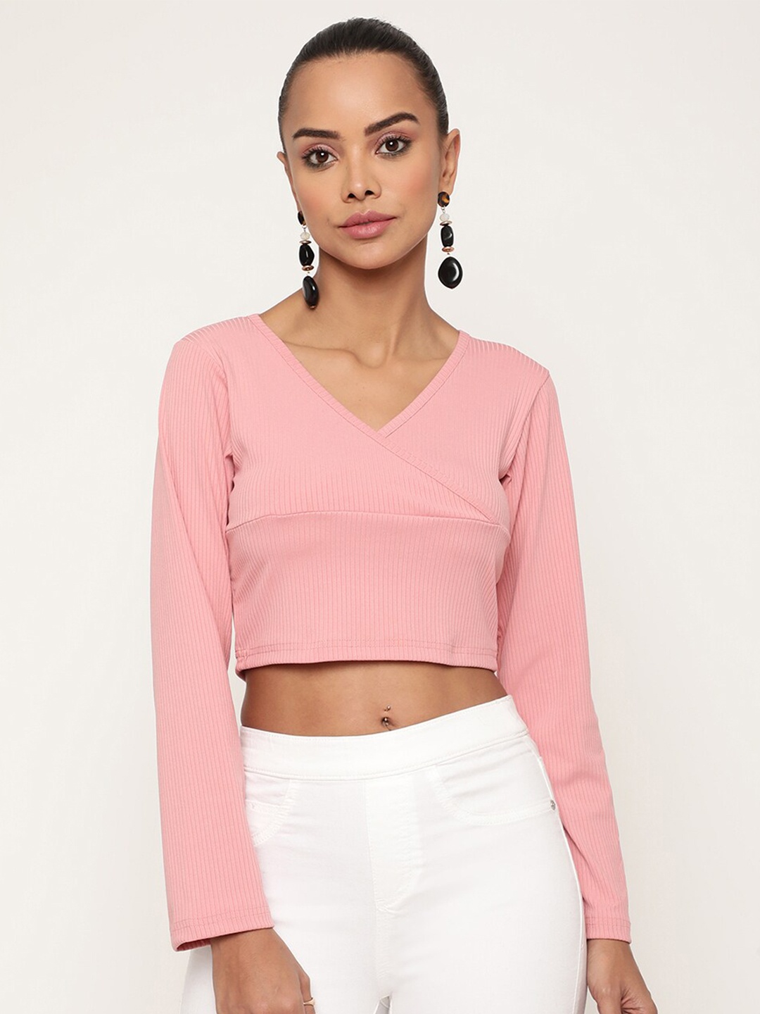 

Sugathari Women Peach-Coloured Ribbed Crop Top