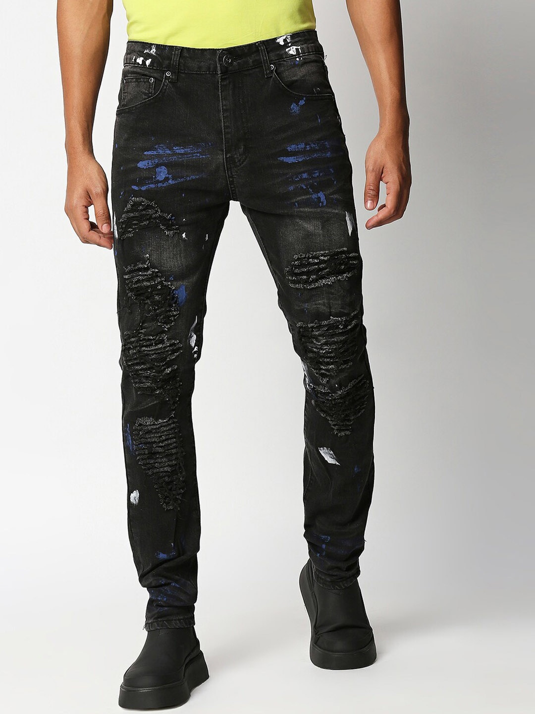 

WAIMEA Men Black Skinny Fit Highly Distressed Light Fade Stretchable Jeans