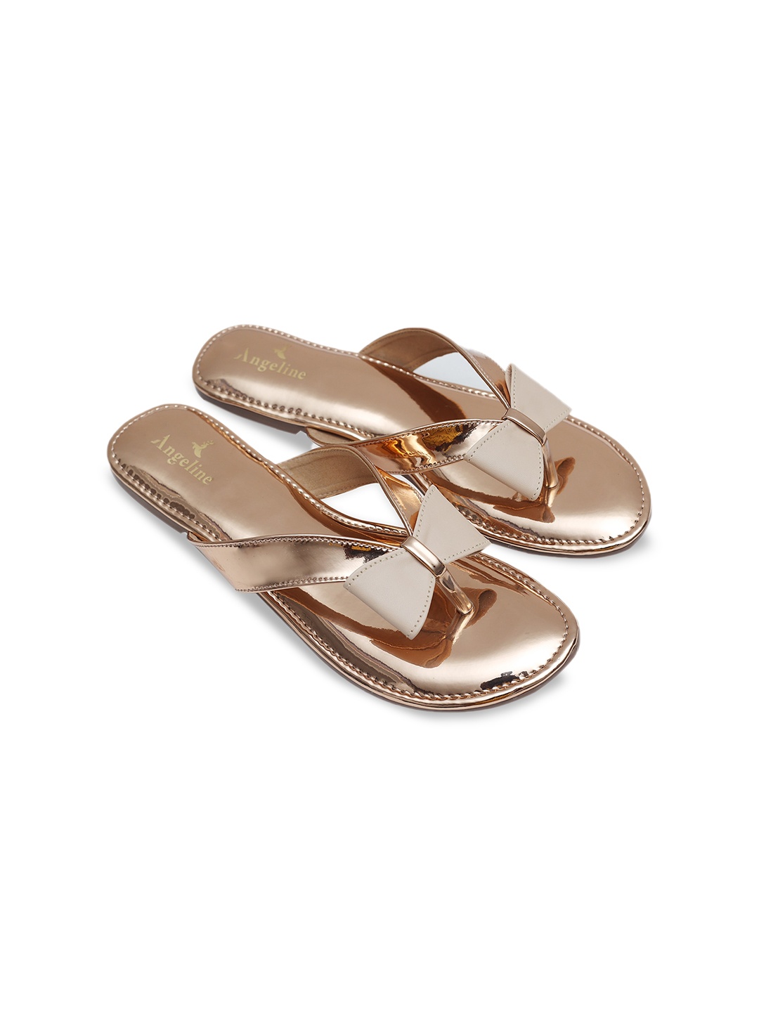 

Angeline Women Gold-Toned T-Strap Flats with Bows