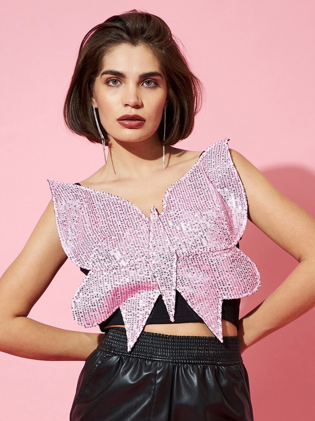 

Athena Pink Embellished Embellished Crop Top