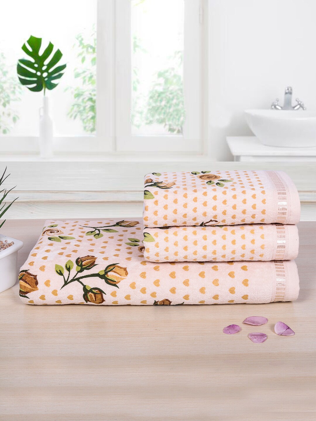 

RANGOLI 3 pcs Printed Cotton 440 GSM Towel set, Beige