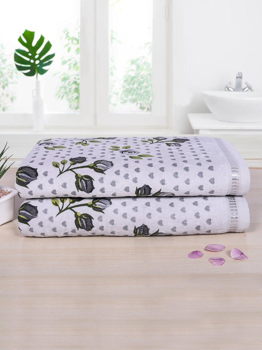 

RANGOLI Set Of 2 Grey Printed 450 GSM Pure Cotton Bath Towels