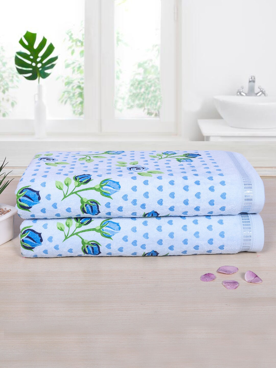 

RANGOLI Blue & White Set Of 2 Floral Printed Cotton Bath Towel