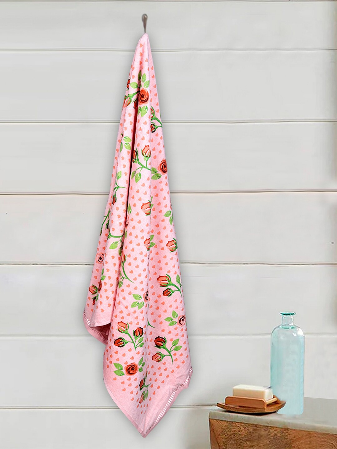 

RANGOLI Set Of 2 Peach Rose & Heart Printed Pure Cotton 450 GSM Bath Towel Set