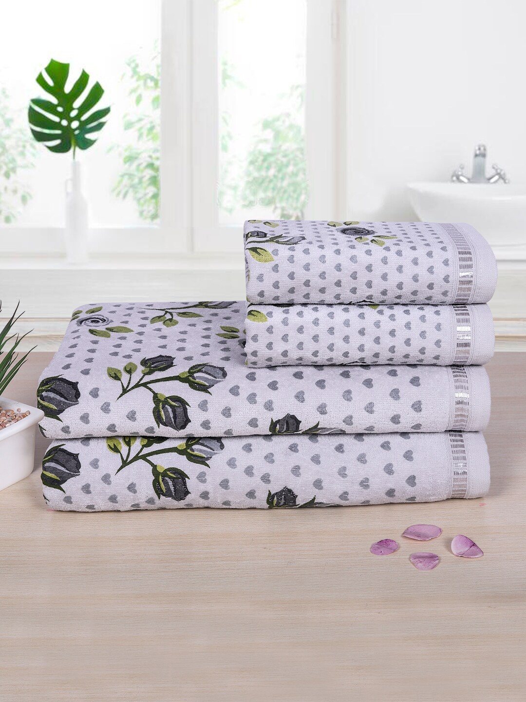 

RANGOLI Set Of 4 Printed 450 GSM Pure Cotton Towel Set, Grey