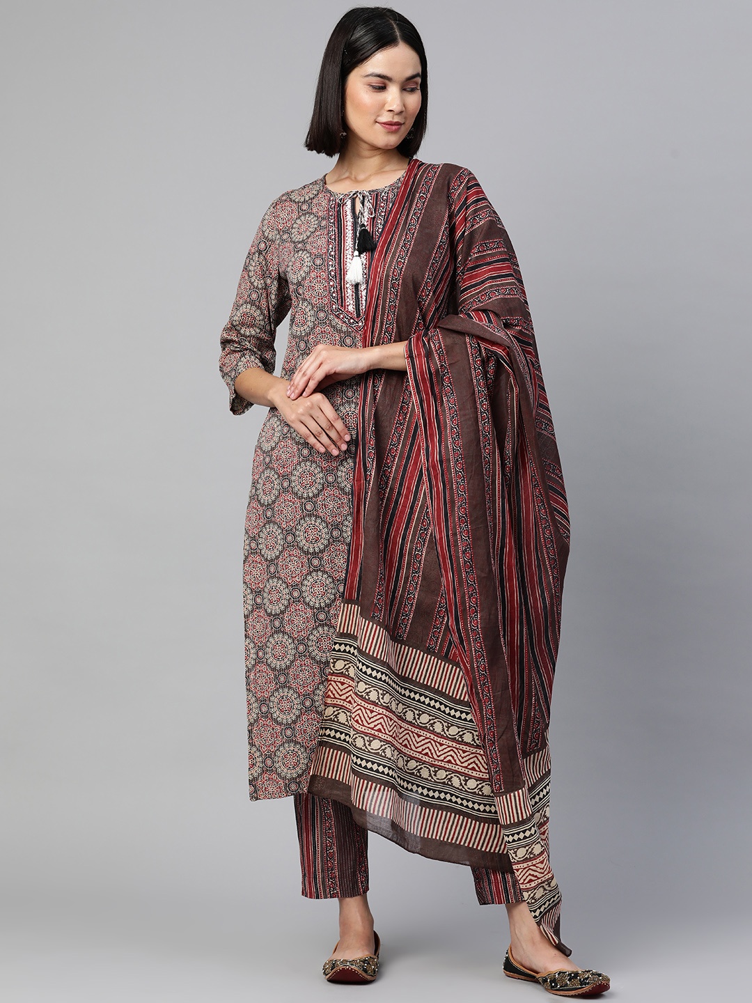 

Readiprint Fashions Grey & Red Floral Print Kurta with Palazzos & With Dupatta