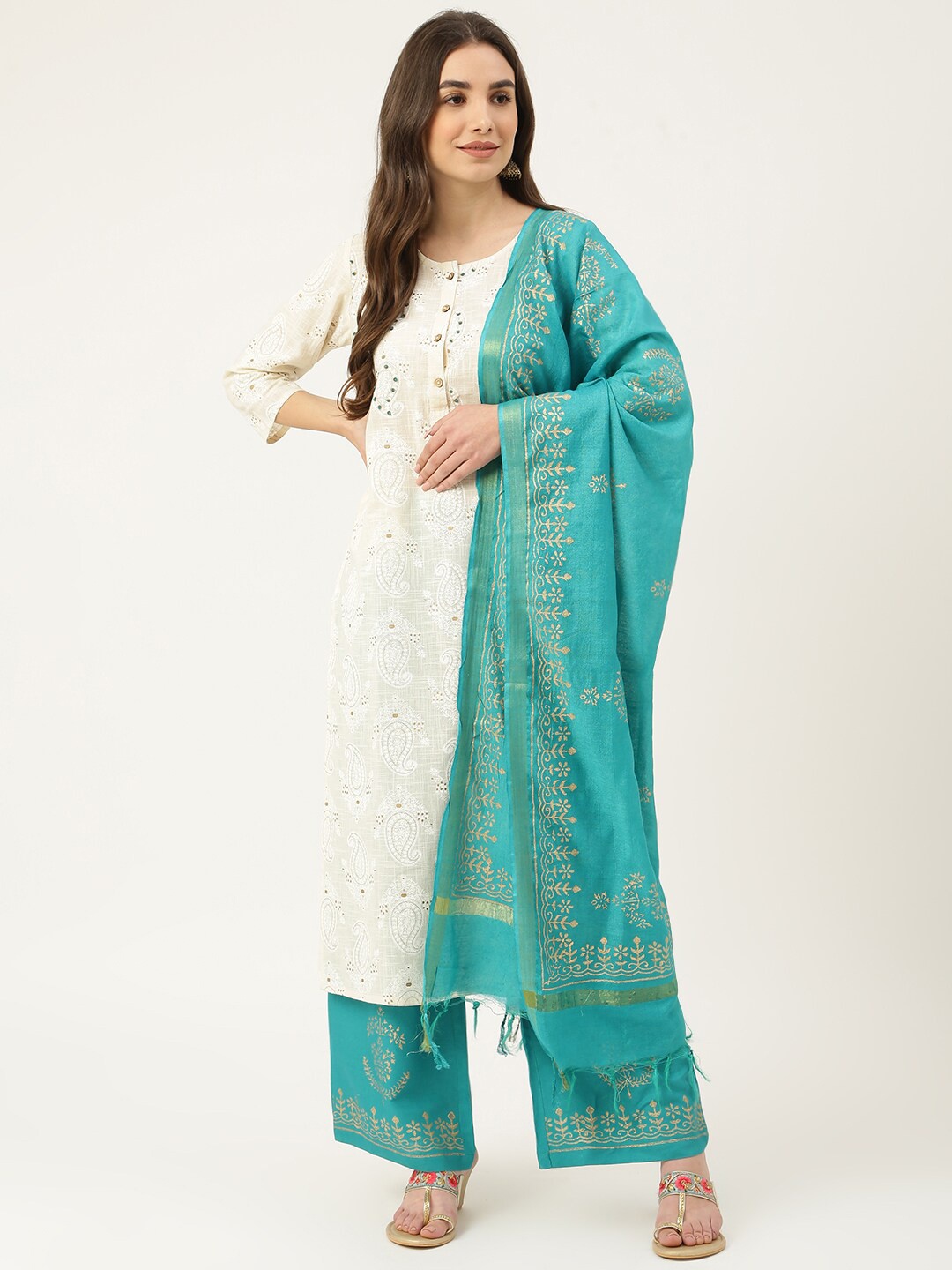 

DECKEDUP Women White Paisley Embroidered Kurta with Palazzo & Dupatta Set
