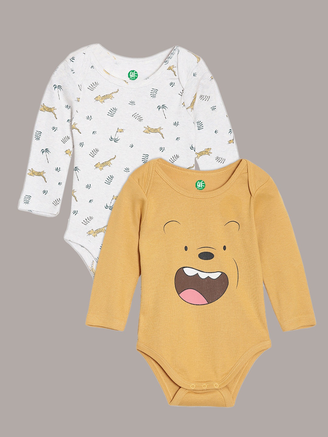 

YK Organic Infant Boys Pack of 2 White & Mustard Printed Organic Cotton Bodysuits