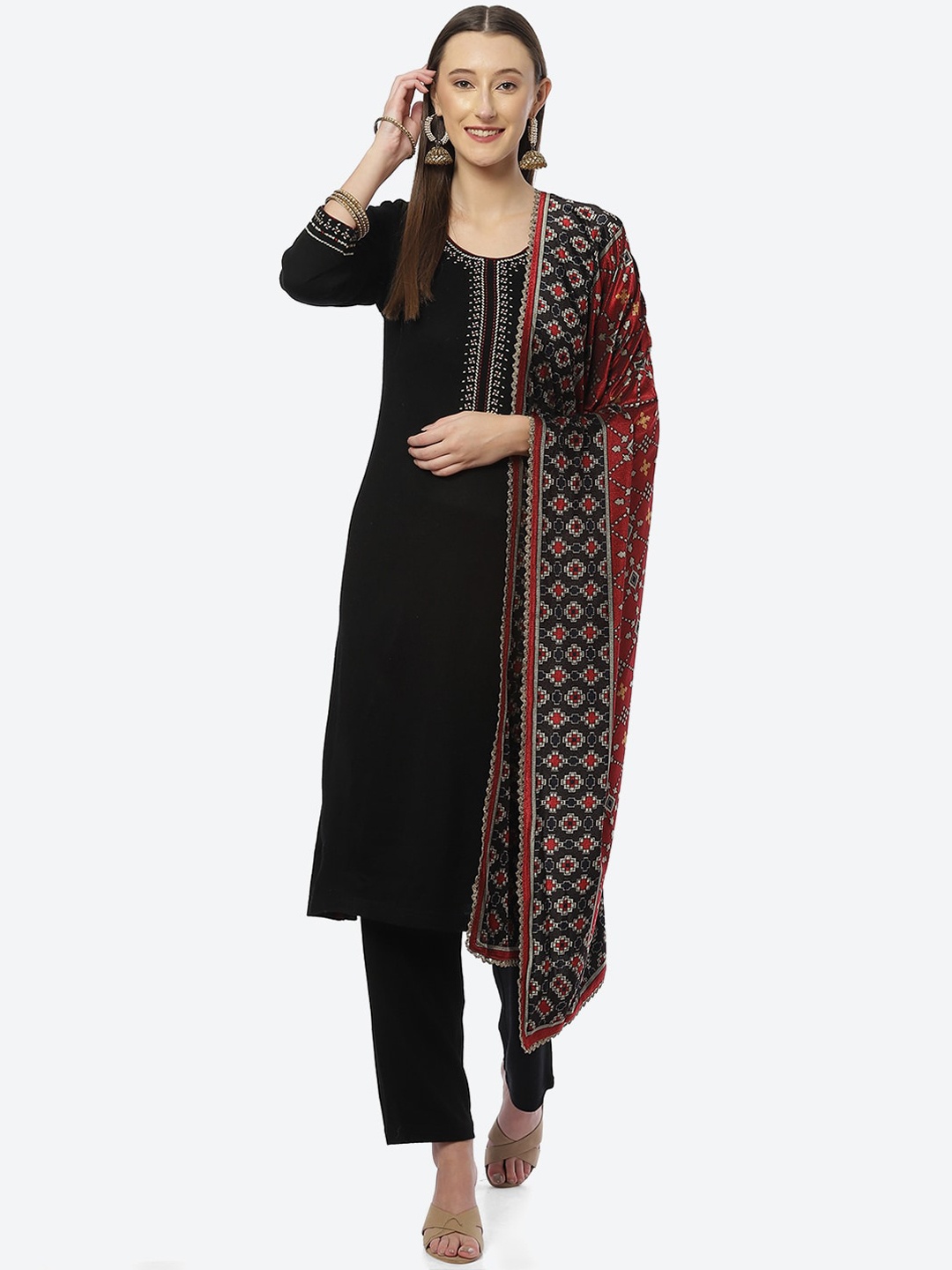 

Biba Women Black Floral Embroidered Thread Work Kurta with Trousers & With Dupatta