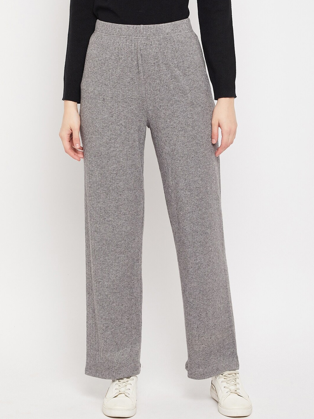 

Madame Women Grey Solid Parallel Trouser