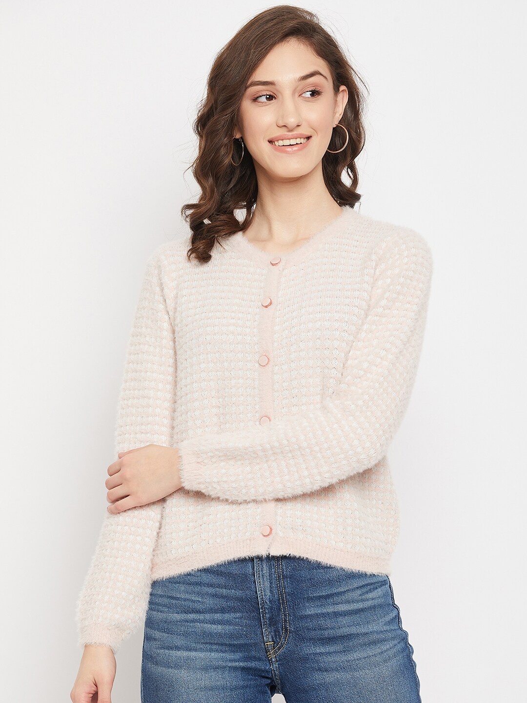 

Madame Women Peach-Coloured Checked Cardigan with Fuzzy Detail