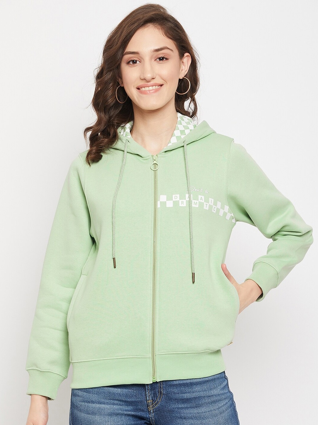 

Madame Women Green Solid Hooded Sweatshirt