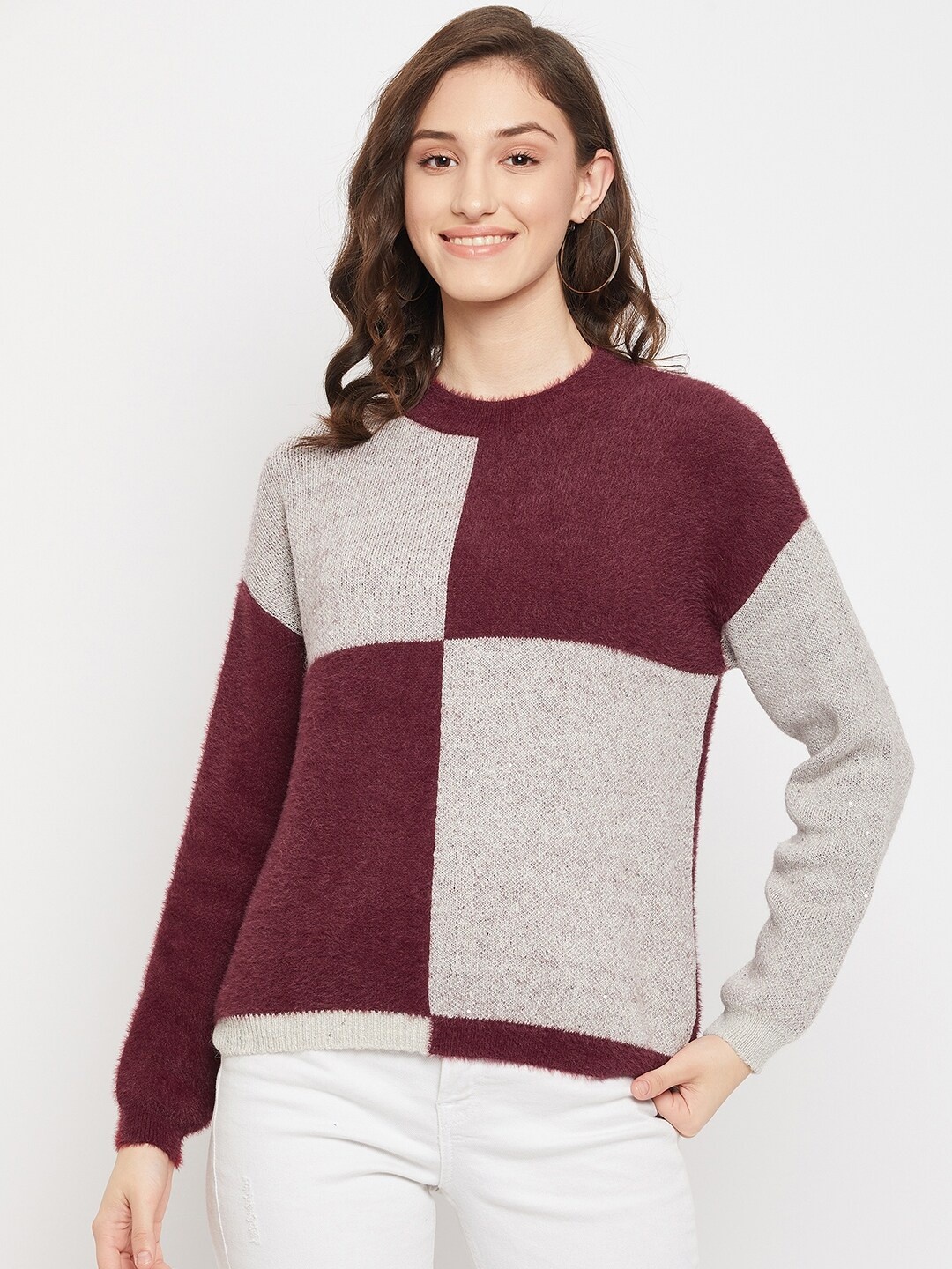 

Madame Women Maroon & Grey Colourblocked Pullover with Fuzzy Detail