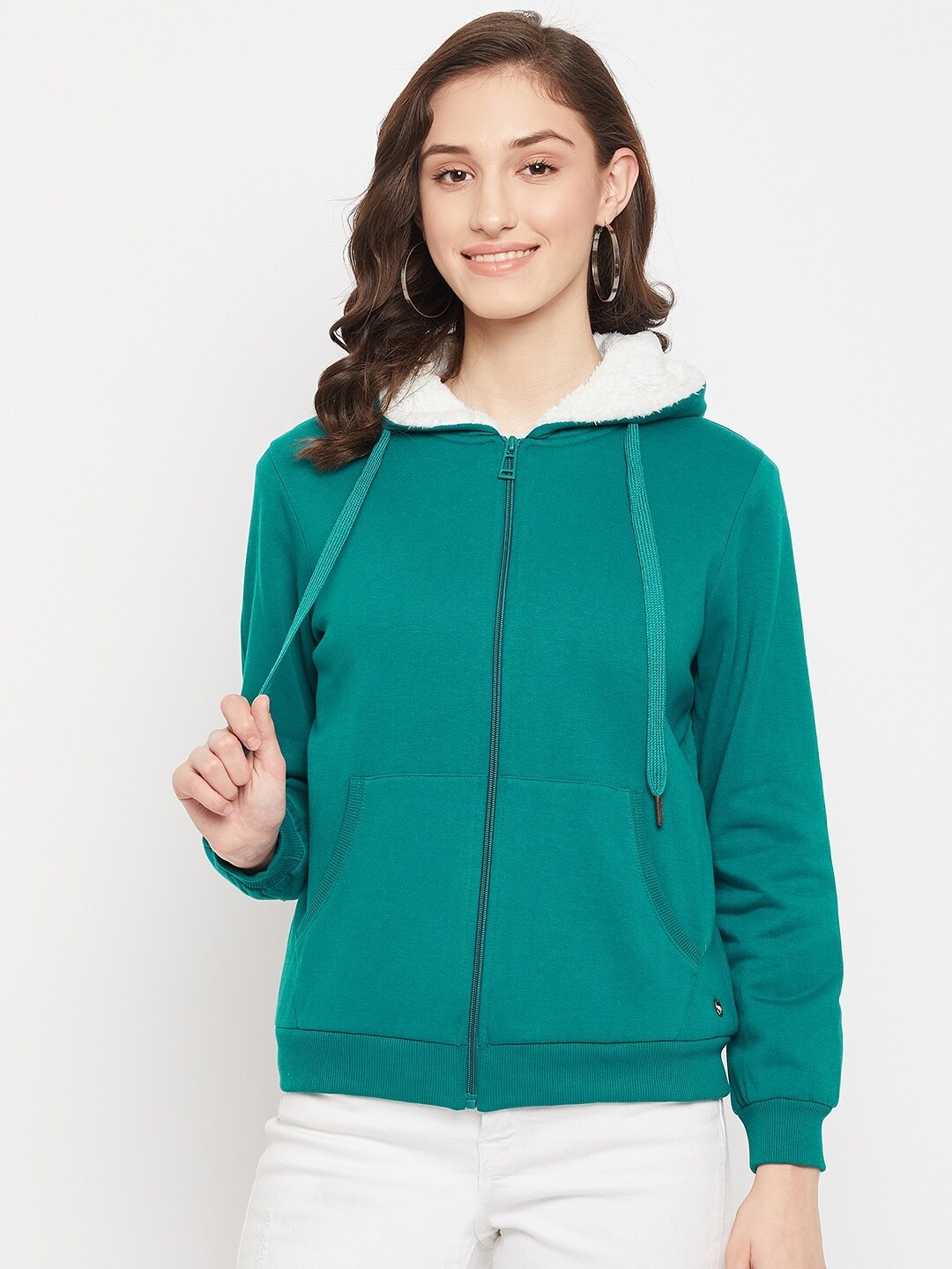 

Madame Women Green Solid Hooded Sweatshirt