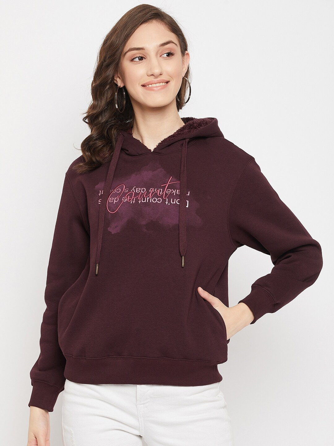 

Madame Women Plus Size Maroon Typography Printed Hooded Sweatshirt