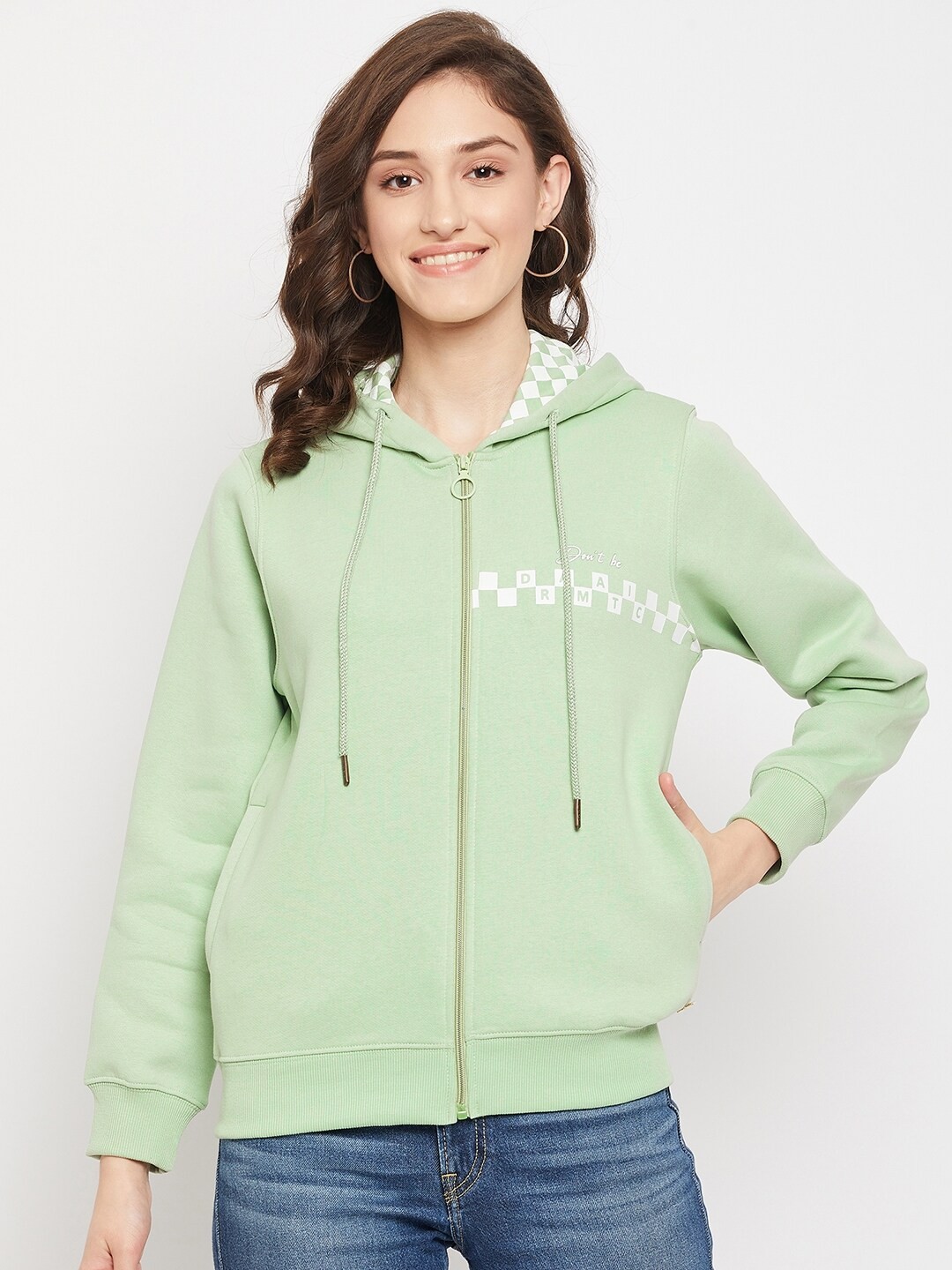 

Madame Women Plus Size Green Solid Hooded Cotton Sweatshirt