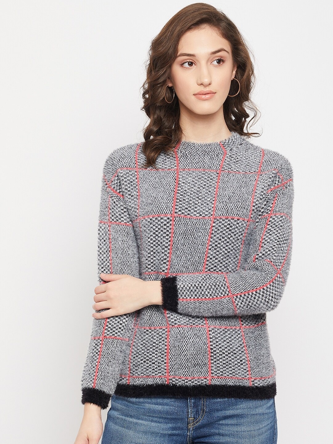

Madame Women Grey & Pink Checked Pullover with Fuzzy Detail