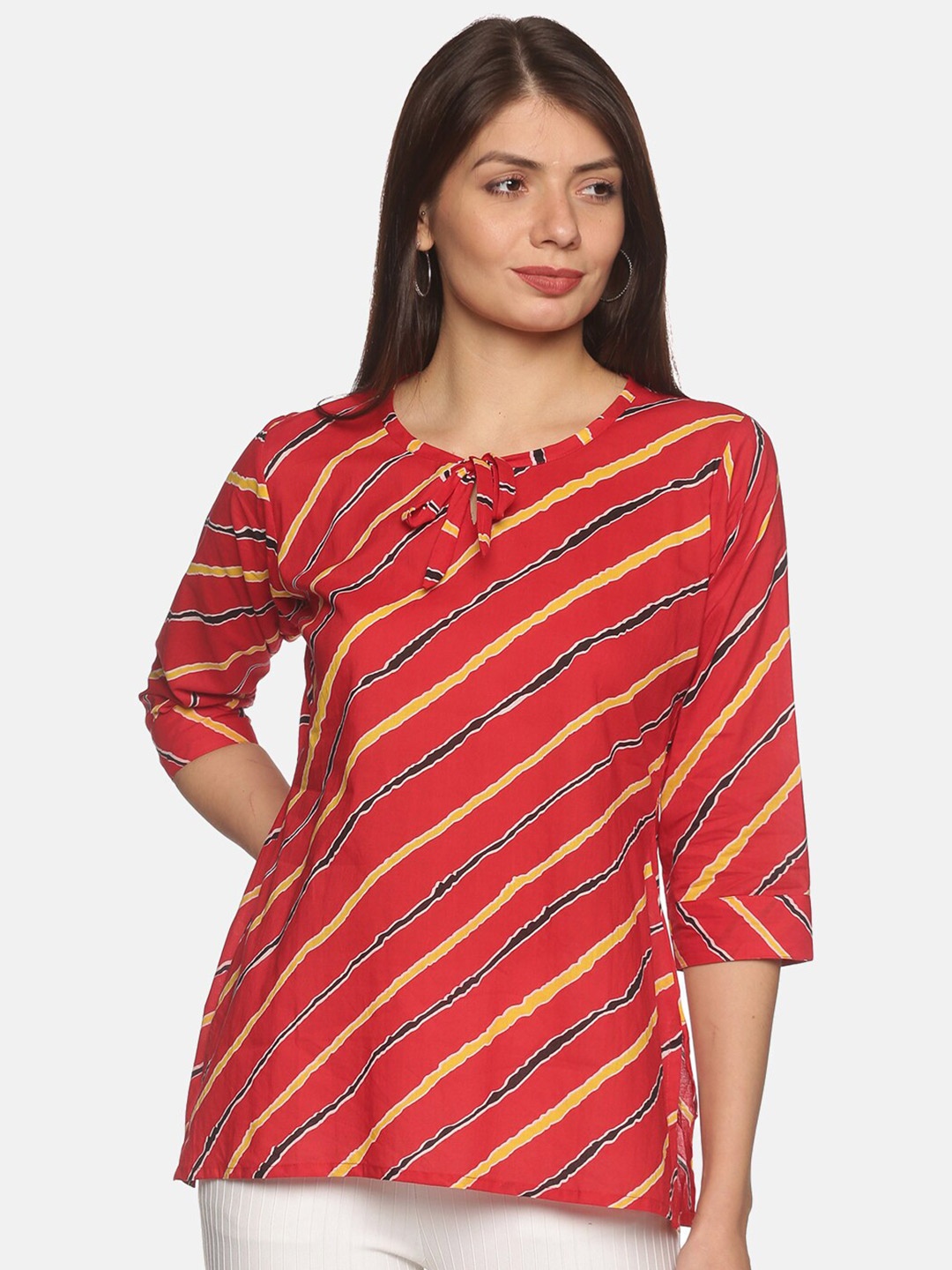 

DIVINATION Women Red & Yellow Geometric Print Tie-Up Neck Pure Cotton Top