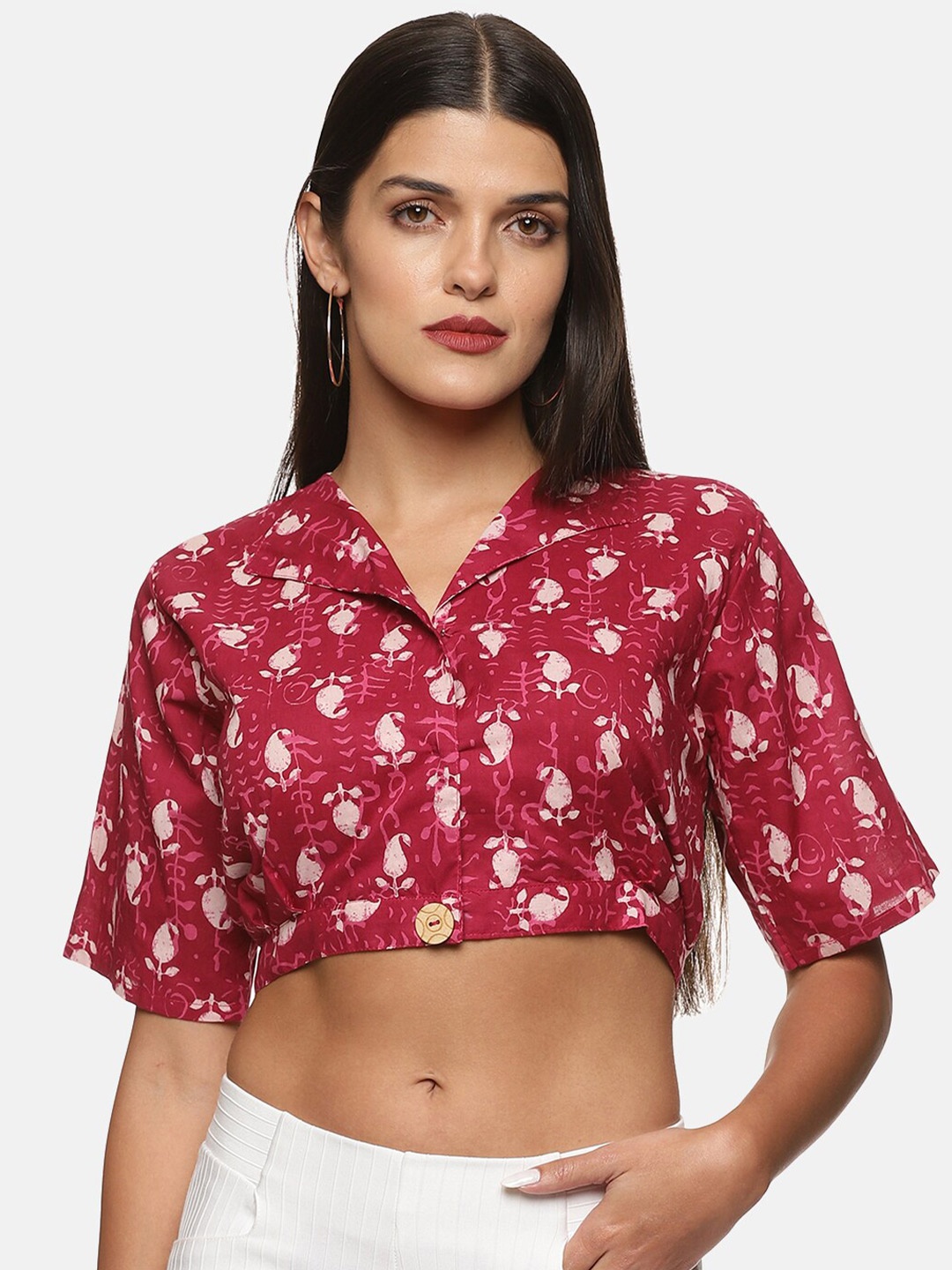 

DIVINATION Women Pink & White Floral Print Pure Cotton Crop Top