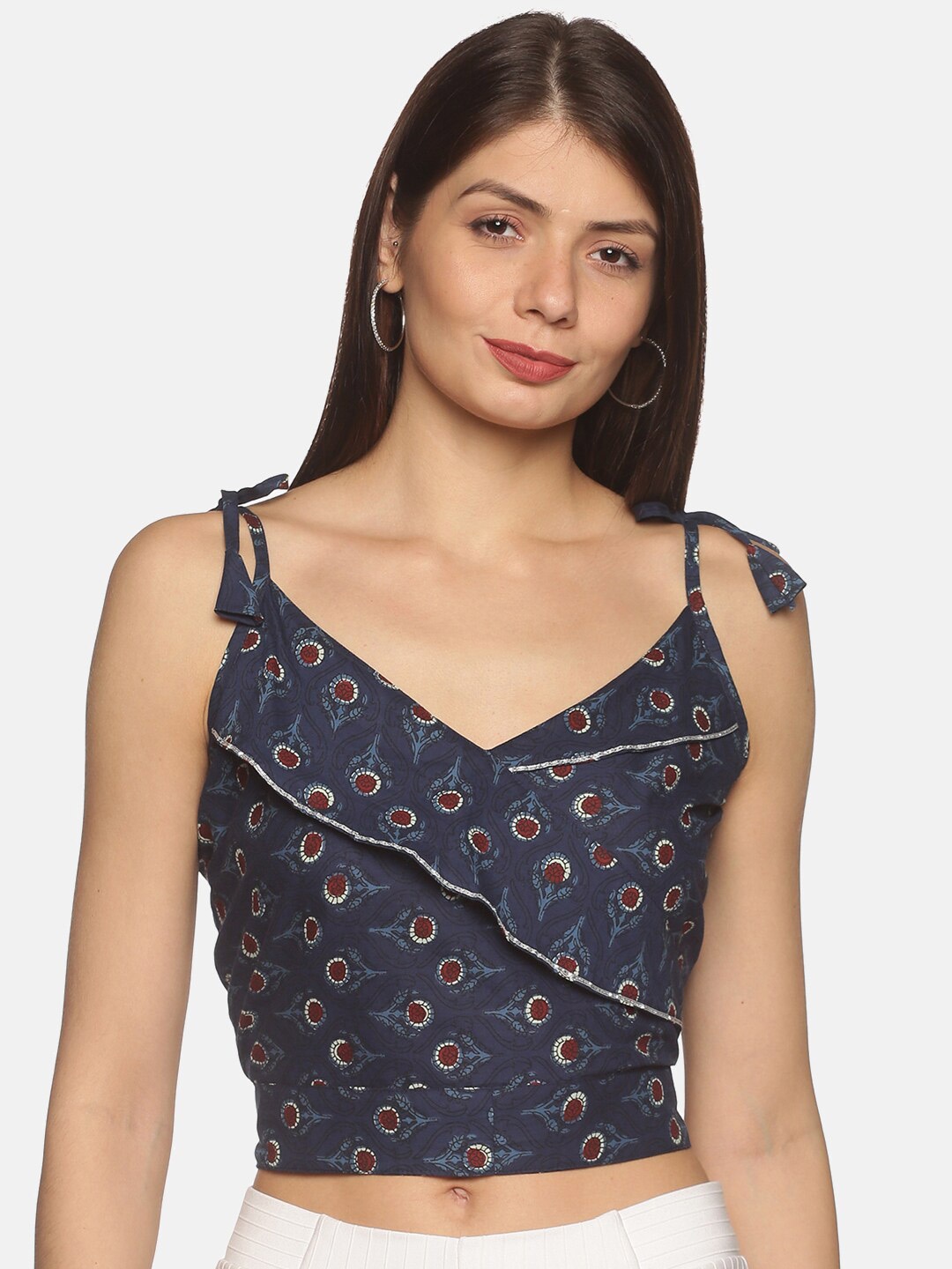 

DIVINATION Women Blue Floral Print Pure Cotton Crop Top