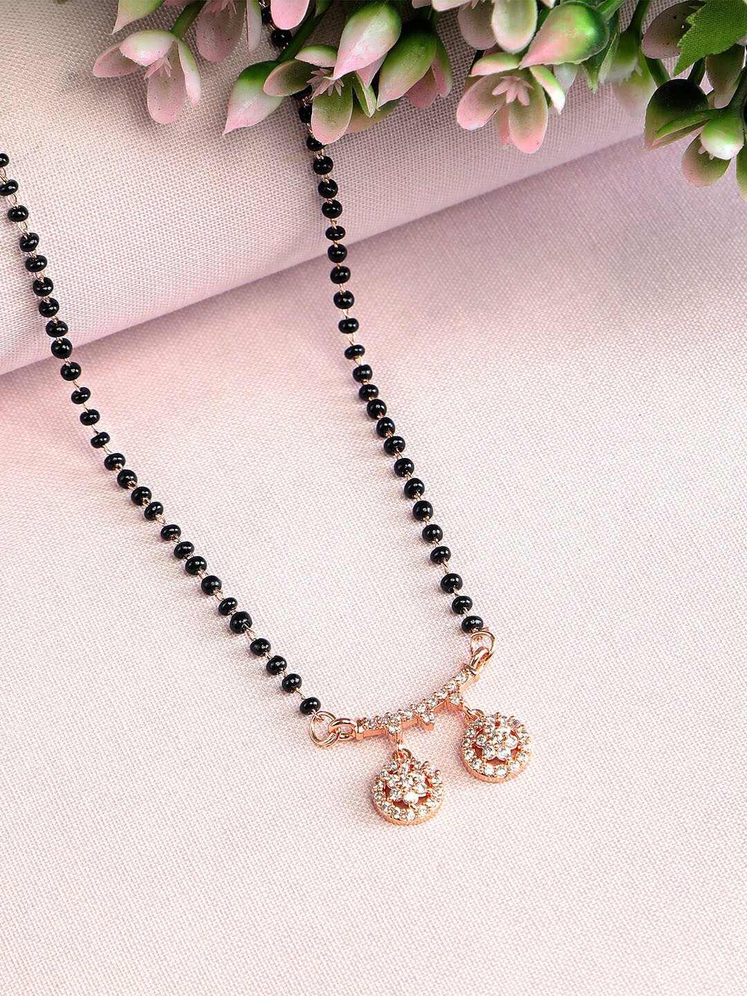 

ZINU Women White CZ Studded & Black Beads Beaded Rose Gold Plated Mangalsutra