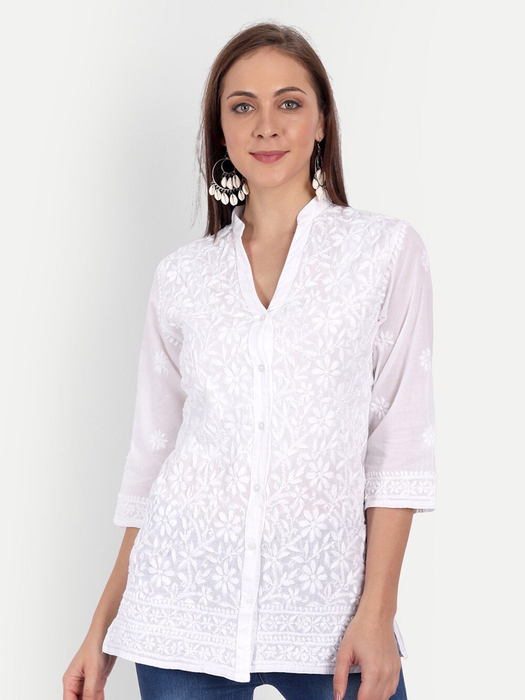 

Indiankala4u White Pure Cotton Mandarin Collar Shirt Style Top