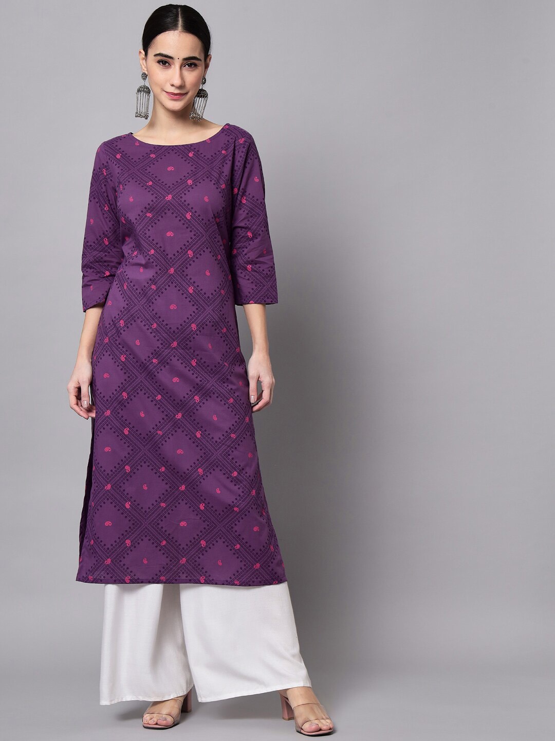 

Sutidora Geometric Printed Cotton Thread Work Kurta, Purple