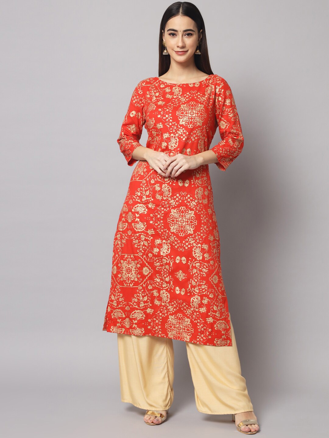 

Sutidora Boat Neck Ethnic Motifs Printed A-Line Regular Kurta, Orange