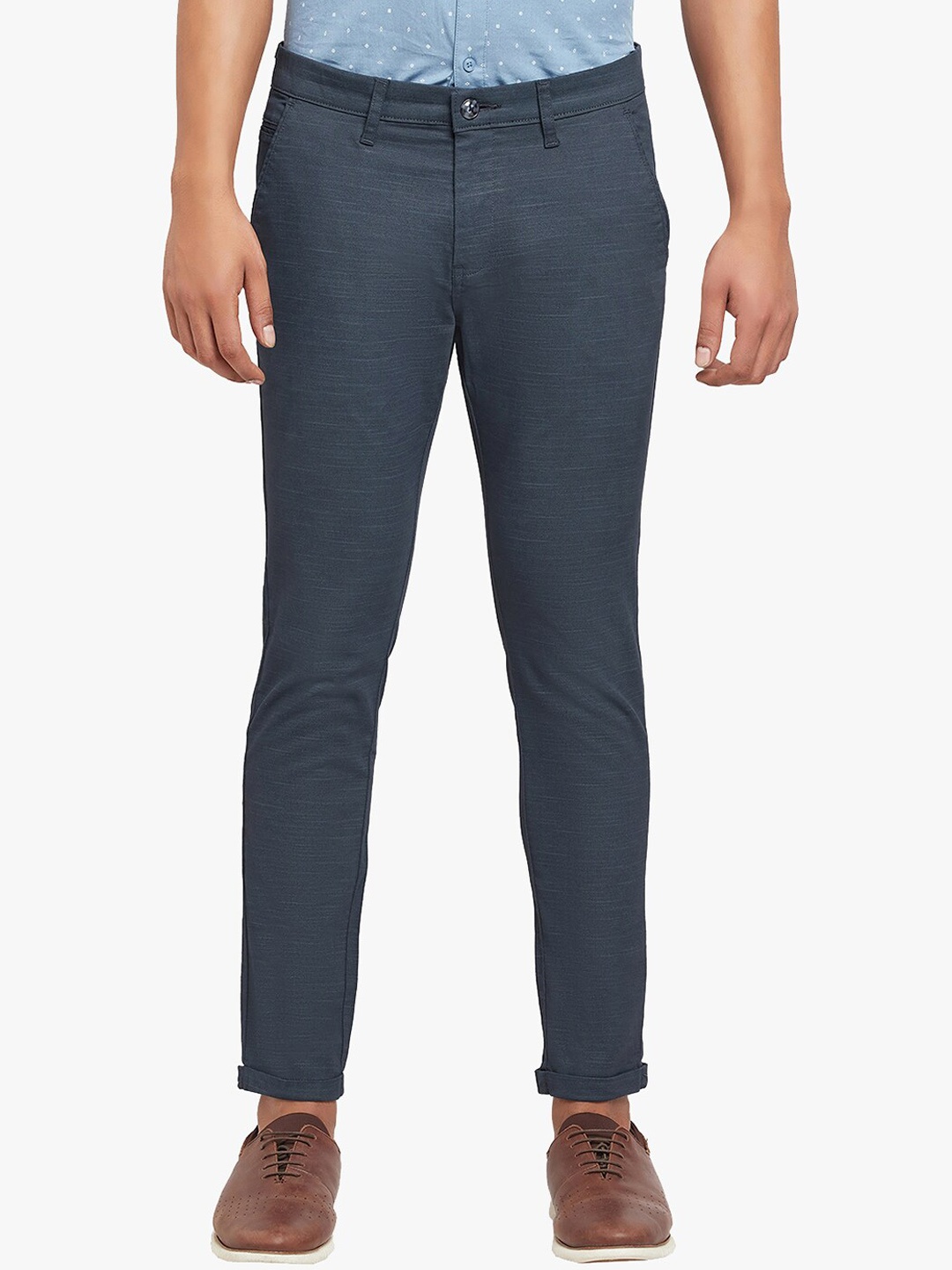 

Blue Buddha Men Navy Blue Self Design Cotton Formal Trousers