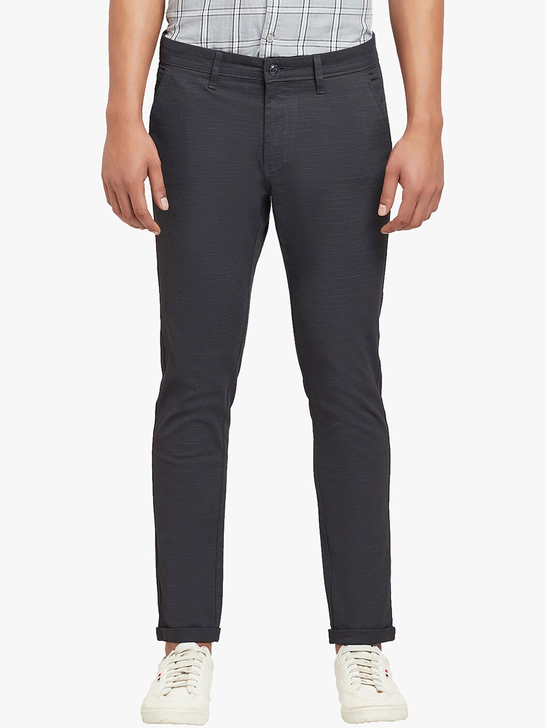 

Blue Buddha Men Charcoal Self Design Cotton Formal Trousers
