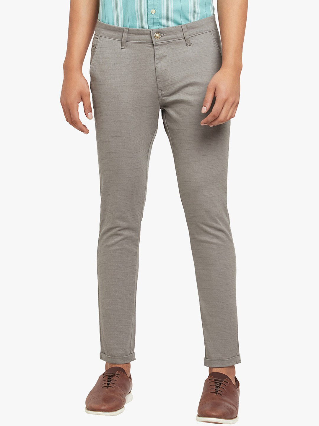 

Blue Buddha Men Grey Self Design Cotton Formal Trousers