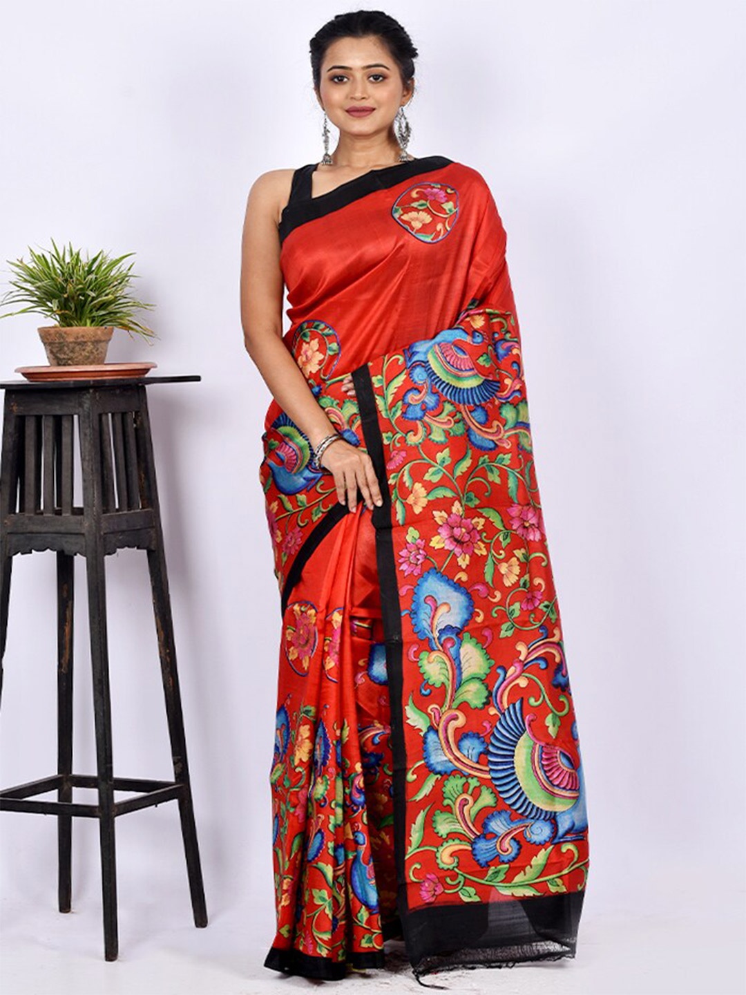 

AllSilks Red & Black Kalamkari Pure Silk Block Print Saree