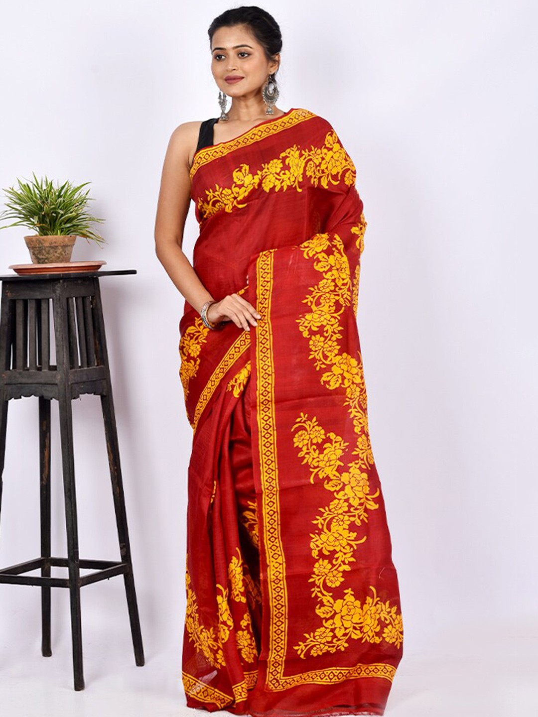 

AllSilks Red & Yellow Floral Pure Silk Block Print Saree