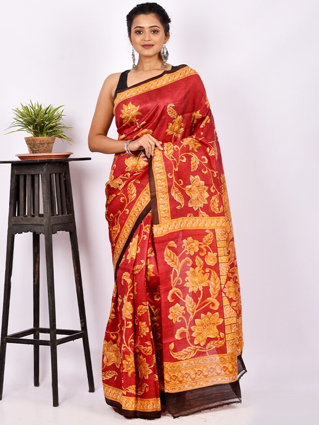 

AllSilks Red & Orange Floral Pure Silk Block Print Saree