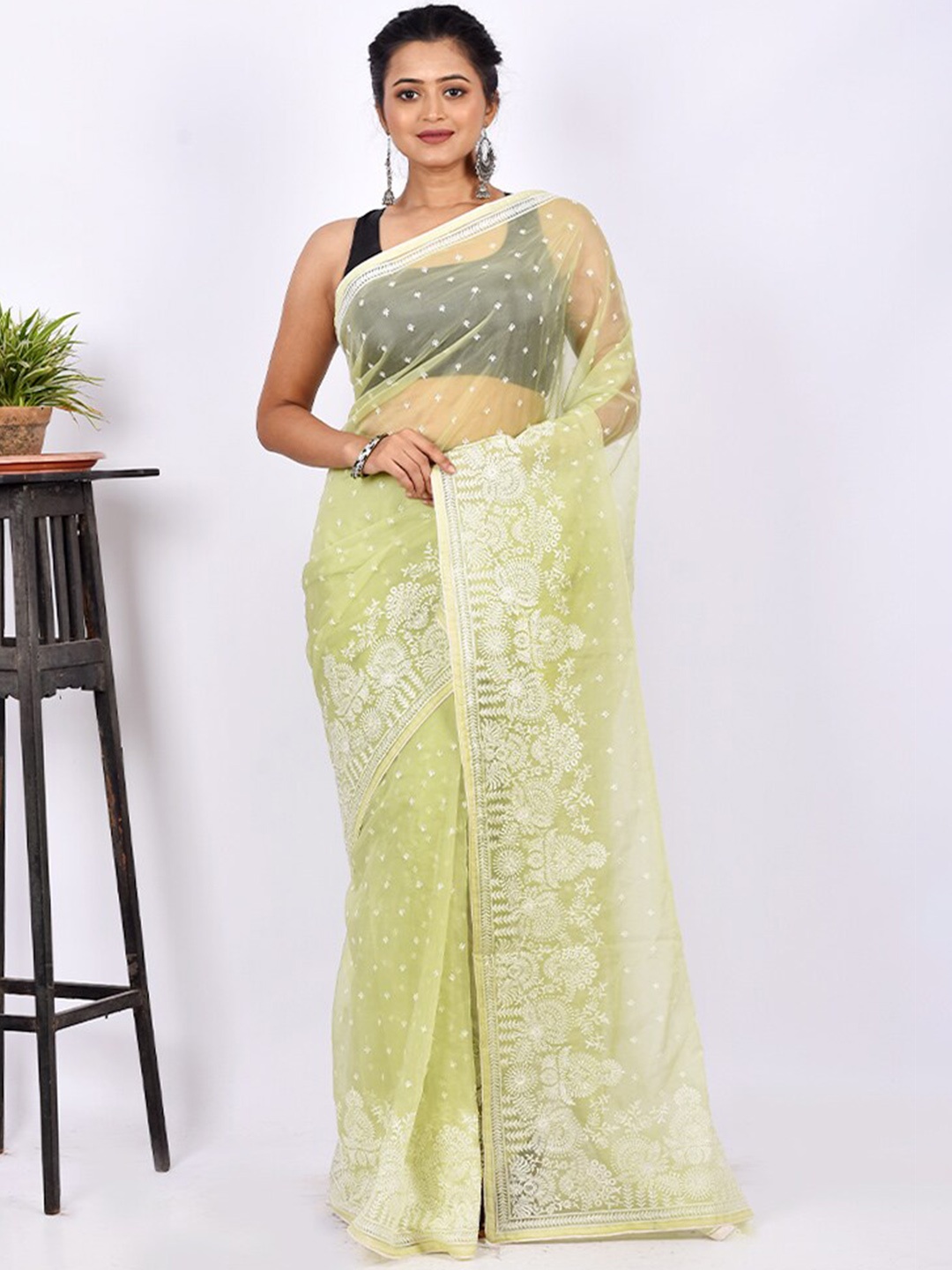 

AllSilks Green & White Floral Embroidered Organza Saree