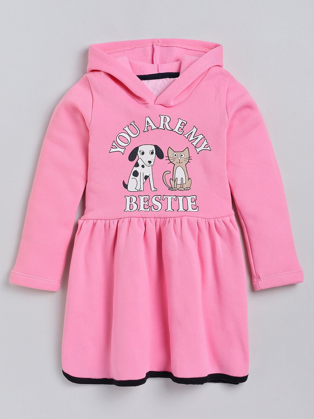 

YK Girls Pink & White Graphic Printed Cotton Hooded Dress