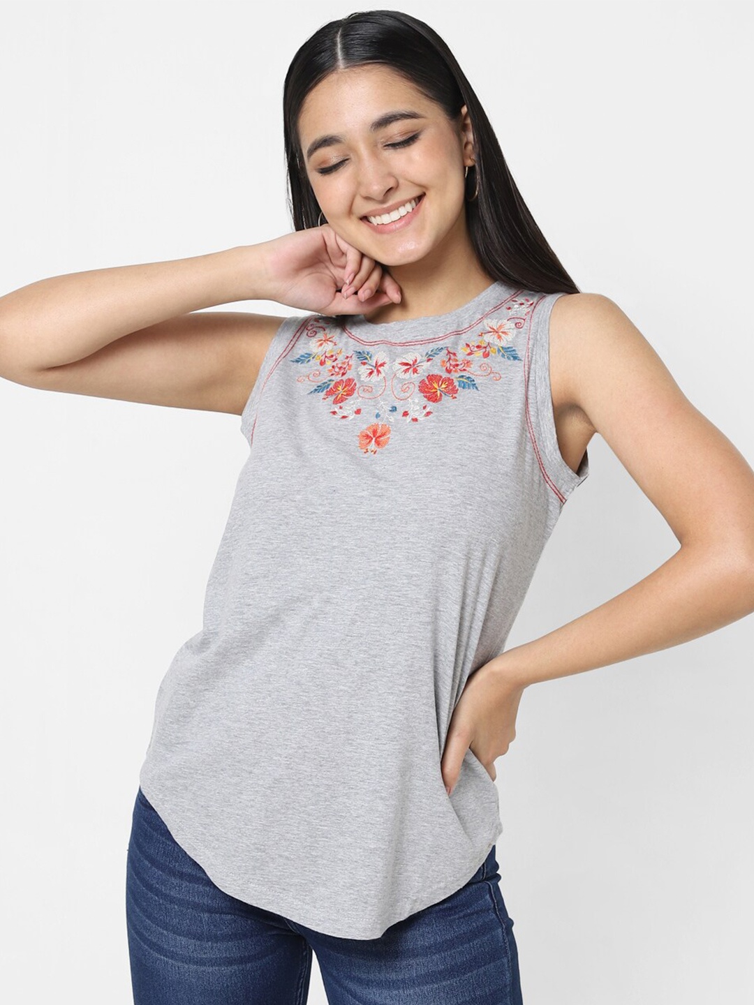 

VASTRADO Women Grey Floral Embroidered Pure Cotton Top
