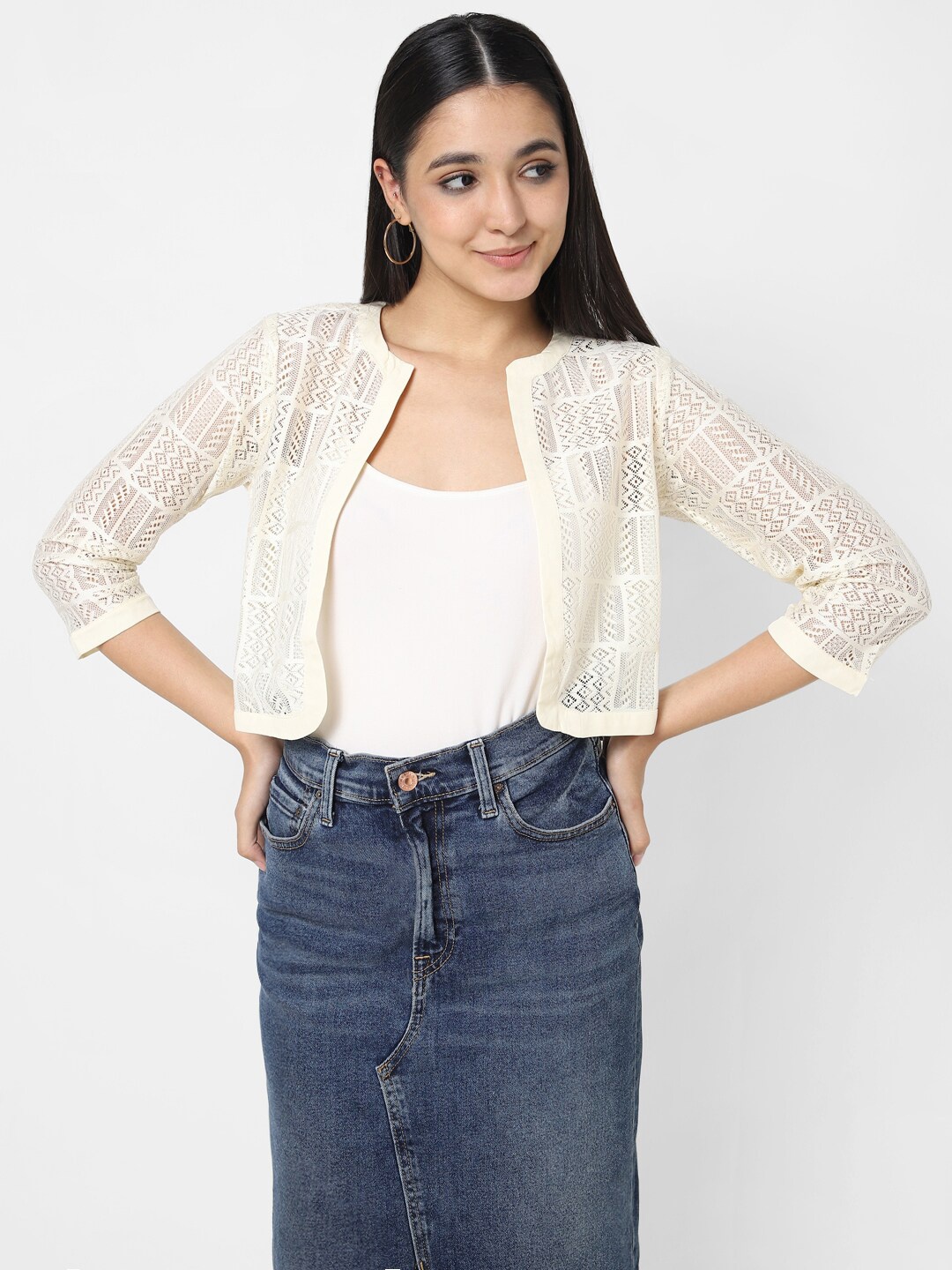 

VASTRADO Women Off White Self Design Cotton Crop Shrug