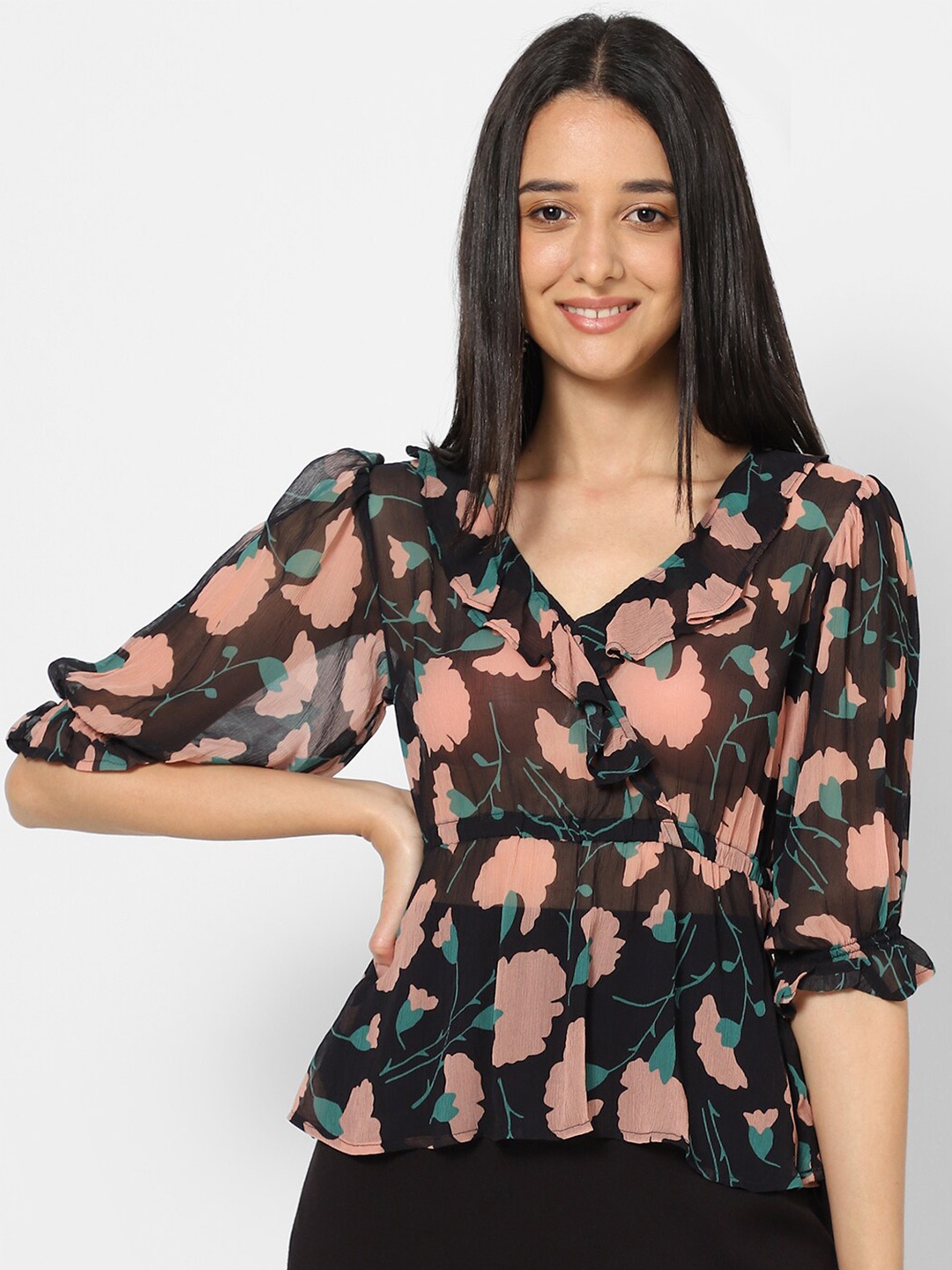 

VASTRADO Women Black & Pink Floral Print Cinched Waist Top