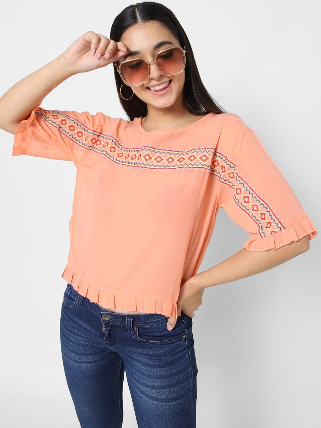 

VASTRADO Women Peach-Coloured Geometric Embroidered Ruffles Top