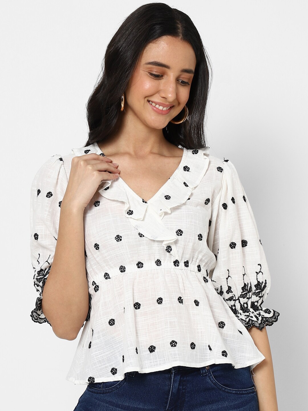 

VASTRADO Women White Floral Print Ruffles Pure Cotton Cinched Waist Top