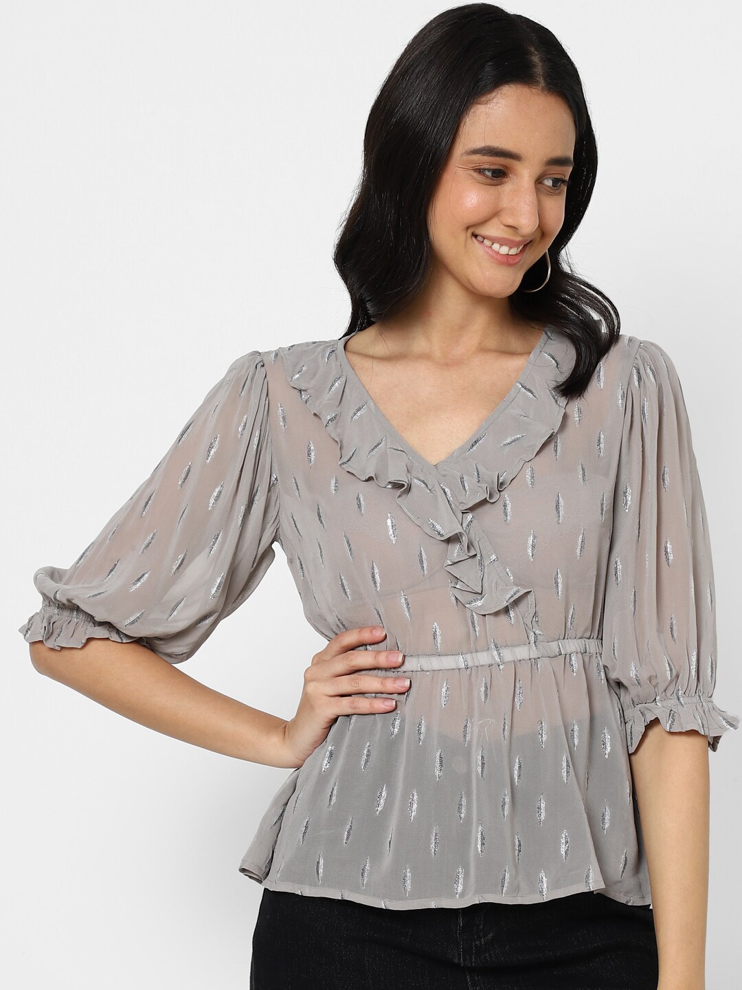 

VASTRADO Women Grey Ruffles Cinched Waist Top