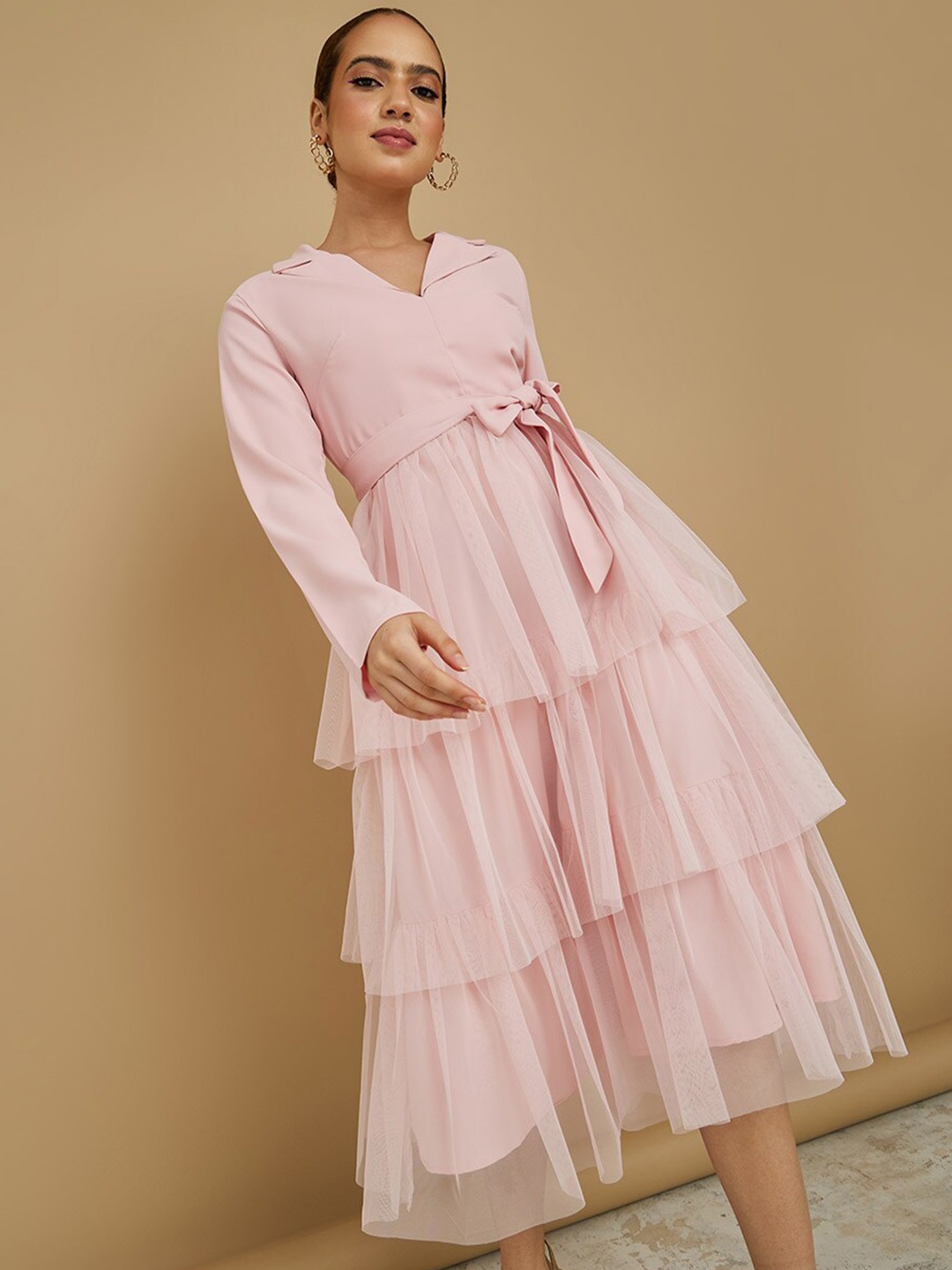 

Styli Pink Solid Layered Fit And Flare Midi Dress